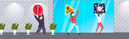 people in protective mask holding banners demonstrating against covid-19 pandemic stop coronavirus concept horizontal full length vector illustrationのイラスト素材