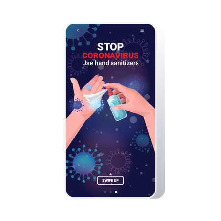 human hands applying antibacterial spray disinfection stop coronavirus pandemic quarantine concept smartphone screen mobile app copy space vector illustrationのイラスト素材