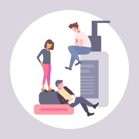 people using beauty spa care products men woman near cosmetic packaging natural cosmetology skin treatment concept horizontal full length vector illustrationのイラスト素材