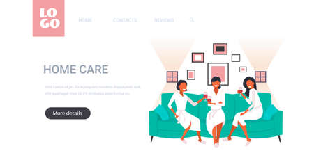 beautiful women in bathrobes drinking wine having fun home care concept girls sitting on sofa relaxing during bachelorette party full length horizontal copy space vector illustrationのイラスト素材