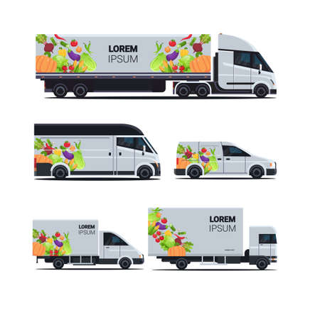 set realistic van truck trailer with organic vegetables natural vegan farm food delivery service different vehicles with fresh veggies flatのイラスト素材