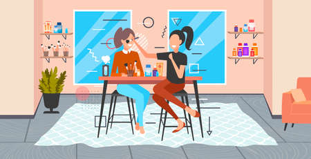 professional makeup artist doing make-up with brush for beautiful girl beauty concept full lengthのイラスト素材