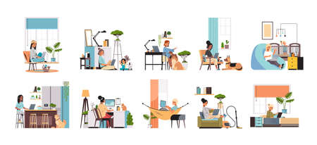 set mix race women freelancers using laptop working at home during coronavirus quarantine self-isolation freelance social distancing concept horizontal full length vector illustrationのイラスト素材