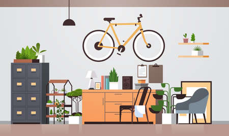 modern workplace cabinet empty living room interior no people apartment with furniture horizontal vector illustrationのイラスト素材