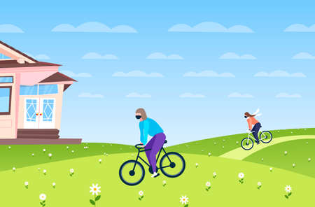 people in masks riding bicycles coronavirus pandemic quarantine protection conceptのイラスト素材