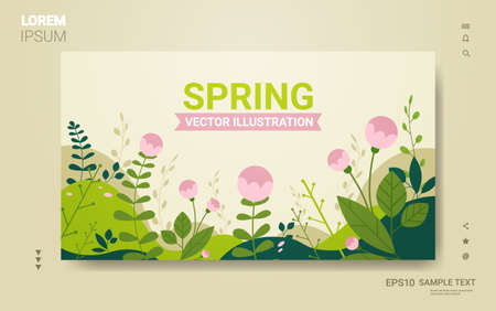 beautiful landscape with flowers and leaves floral spring poster horizontal greeting cardのイラスト素材