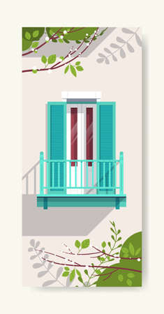 house window balcony with shutters vintage building facade with flowers and leaves spring posterのイラスト素材