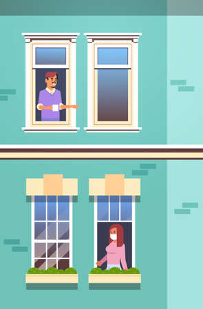 people looking out of apartment stay home self-isolation coronavirus pandemic quarantine conceptのイラスト素材