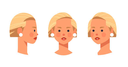 set girl head avatar front side view female character different views for animation horizontalのイラスト素材