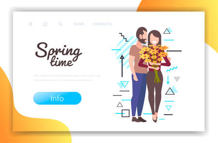 happy young couple with flowers standing together man woman having romantic relationships spring timeのイラスト素材