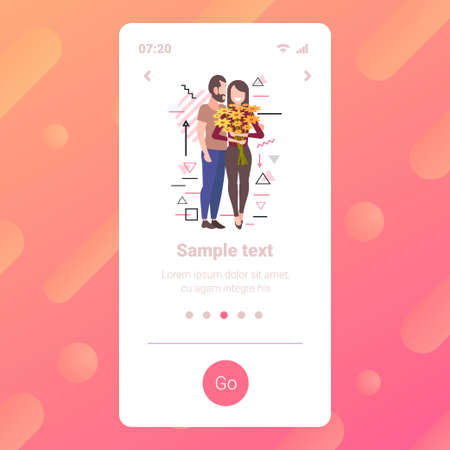 happy young couple with flowers standing together man woman having romantic relationships spring timeのイラスト素材