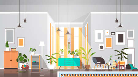 empty no people living room interior modern apartment with furniture horizontal vector illustrationのイラスト素材
