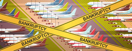 parked airplanes at taxiway airport terminal with yellow bankruptcy tape coronavirus pandemic quarantine covid-19 concept horizontal vector illustrationのイラスト素材