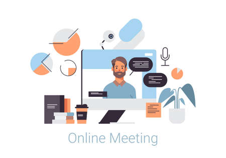businessman on computer monitor screen webinar video call online meeting coronavirus quarantine concept horizontal portrait vector illustrationのイラスト素材