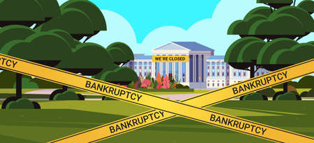 university building with yellow closing tape coronavirus pandemic quarantine covid-19 conceptのイラスト素材