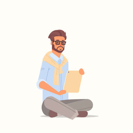 businessman sitting lotus pose working on tablet pc male cartoon character using digital deviceのイラスト素材