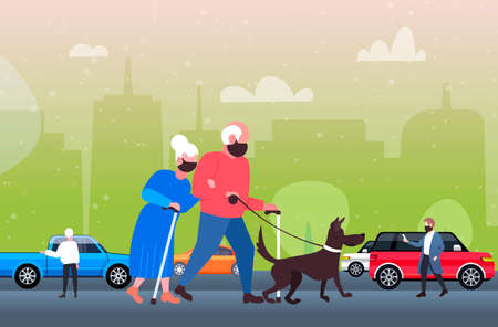 mature couple walking with dog senior man woman wearing mask to prevent coronavirus pandemicのイラスト素材