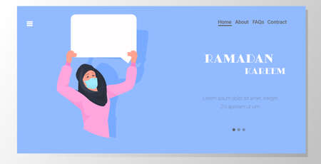 muslim woman in hijab wearing mask holding blank white board coronavirus pandemic quarantine