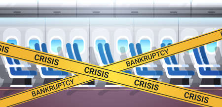 empty no people airplane board with yellow bankruptcy crisis tape coronavirus pandemic quarantine