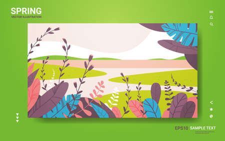 beautiful landscape with flowers and leaves floral spring poster horizontal greeting cardのイラスト素材
