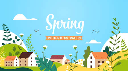 landscape with buildings hills flowers and leaves floral spring poster greeting card horizontalのイラスト素材