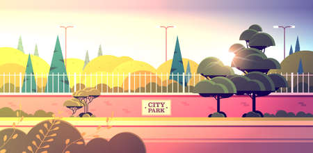 city park sign board on fence beautiful summer day sunset landscape background horizontalのイラスト素材