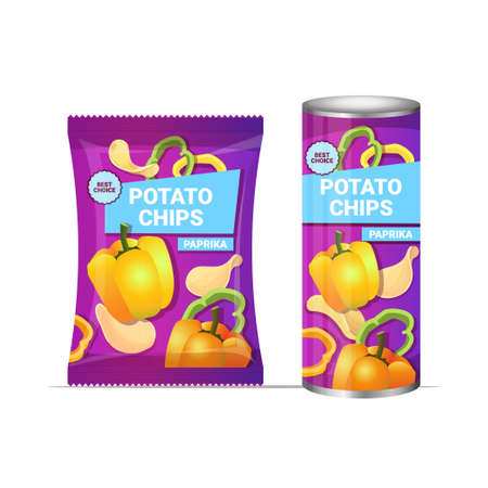 potato chips with paprika flavor crisps natural potatoes packaging advertising design template isolated vector illustrationのイラスト素材