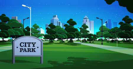 sign board innight city park skyline skyskraper buildings and dark sky with stars cityscape background horizontal vector illustrationのイラスト素材