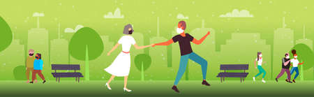 people walking outdoors wearing medical masks to prevent coronavirus pandemic covid-19 quarantineのイラスト素材