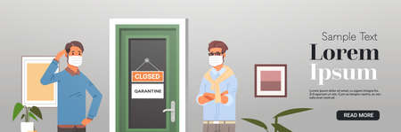 unhappy businessmen in masks standing near office door with closed sign coronavirus pandemic...