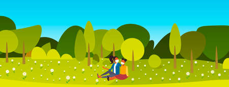 girls sitting on grass women wearing medical masks to prevent coronavirus pandemic covid-19 quarantine concept landscape background horizontal full length vector illustrationのイラスト素材