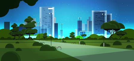 night urban park city skyline skyskraper buildings and blue dark sky with stars cityscape background horizontal vector illustrationのイラスト素材
