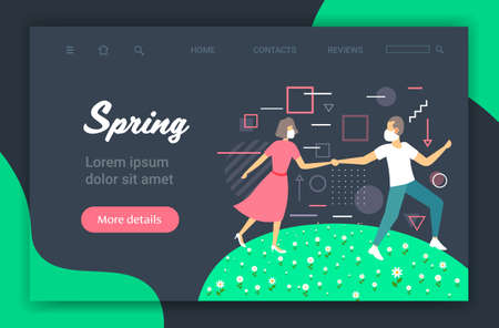 couple walking outdoors man woman wearing medical masks to prevent coronavirus pandemic covid-19 quarantine concept horizontal copy space full length vector illustrationのイラスト素材