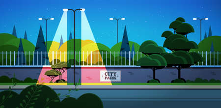 city park banner on fence beautiful night landscape background horizontal vector illustrationのイラスト素材