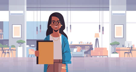 indian businesswoman holding folder business woman in coworking space modern office room interior creative workspace horizontal flat portraitのイラスト素材