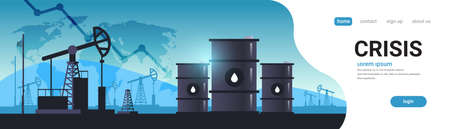 pumpjack silhouette petroleum production and trade oil industry downward chart arrow falling price crisis concept oil pumps drilling rig world map background horizontal copy spaceのイラスト素材