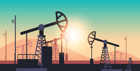 pumpjack petroleum production trade oil industry concept pumps industrial equipment drilling rig sunset background horizontalのイラスト素材
