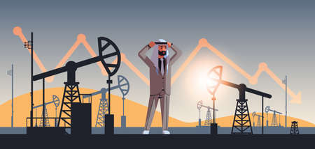 arabic businessman frustrated about downward chart arrow falling price decrease of petroleum costs crisis concept pump jack industrial equipment drilling rig horizontal full lengthのイラスト素材