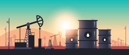 pumpjack oil barrels petroleum production trade oil industry concept pumps industrial equipment drilling rig sunset background horizontal vector illustrationのイラスト素材