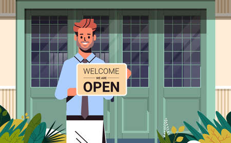 man holding welcome we are open sign coronavirus quarantine is ending victory over covid-19 conceptのイラスト素材