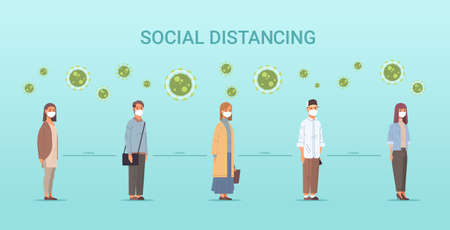 people in face masks men women standing line queue keeping distance to prevent covid-19 social distancingのイラスト素材