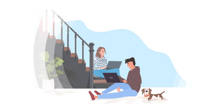 man woman using laptops couple sitting on staircase spending time together modern hallway interiorのイラスト素材