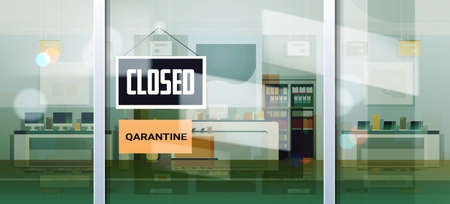 closed sign hanging outside electronics store shop window coronavirus pandemic quarantine bankruptcyのイラスト素材
