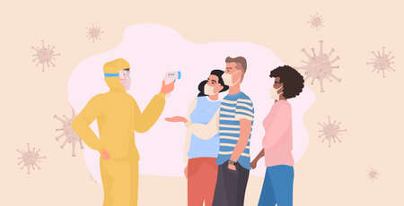 specialist in hazmat suit checking body temperature of mix race people for coronavirus symptoms covid-19のイラスト素材