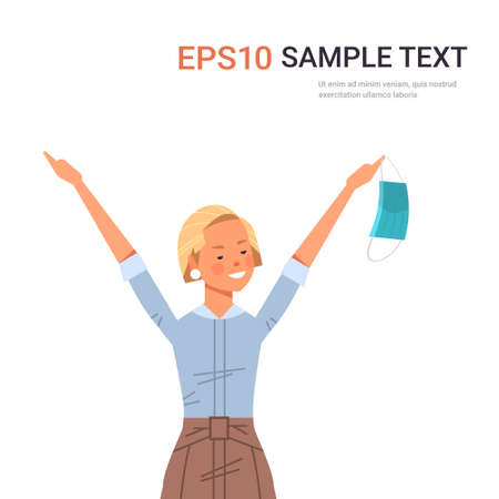 woman holding medical mask coronavirus win defeated covid-19 girl celebrating victory over nCoVのイラスト素材