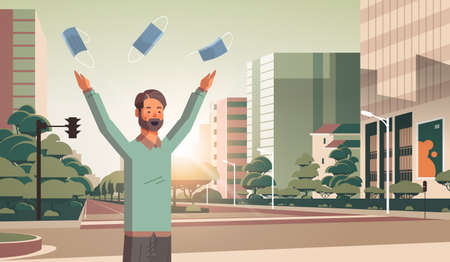 man throwing medical masks coronavirus win defeated covid-19 guy celebrating victory over nCoVのイラスト素材