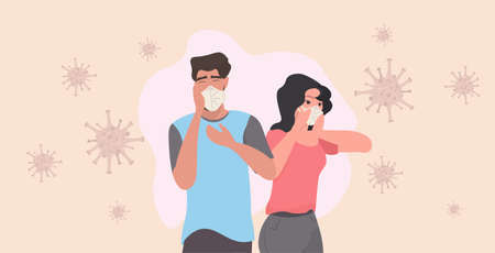 couple in medical masks coughing man woman having symptoms of coronavirus infection covid-19 pandemicのイラスト素材