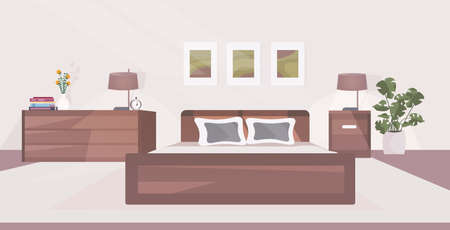 modern bedroom interior empty no people house room with furniture horizontal vector illustrationのイラスト素材