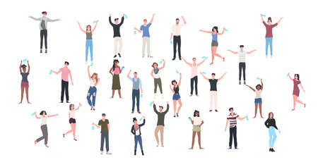 mix race people crowd taking off face masks celebrating victory over covid-19 coronavirus pandemic quarantine is ending horizontal full length vector illustrationのイラスト素材