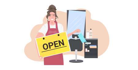 hairdresser taking off face mask holding open sign board coronavirus quarantine is ending victory over covid-19 concept modern beauty salon interior horizontal portrait vector illustrationのイラスト素材